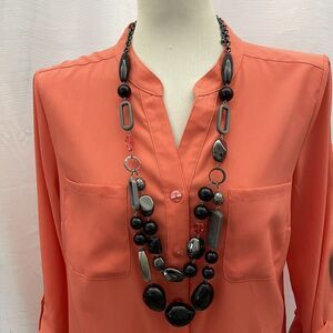 Additions by Chico's Beaded Beads Black Gray Red Silver-tone Necklace NWT